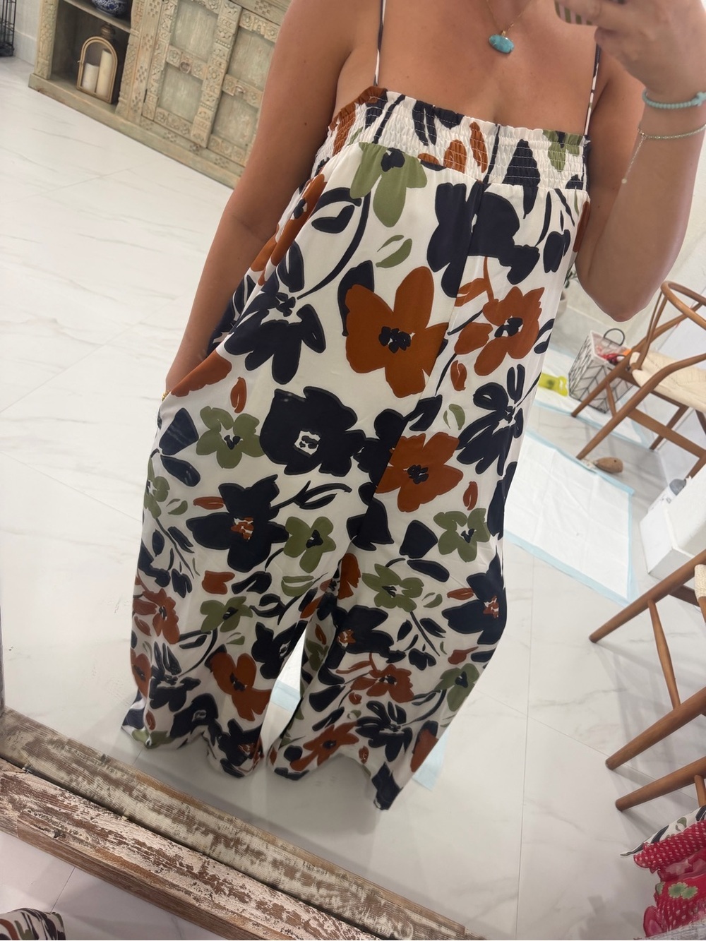 mittoshop Floral Tie-Waist Maxi Dress in Ivory with Rust, Olive & Navy